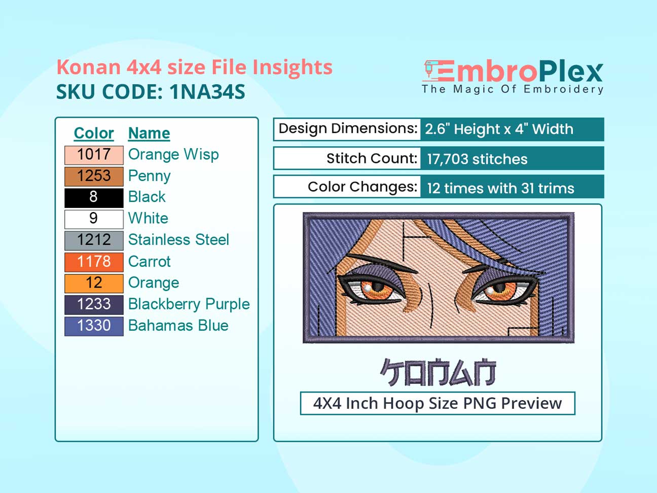 Anime-Inspired Konan Embroidery Design File - 4x4 Inch hoop Size Variation overview image
