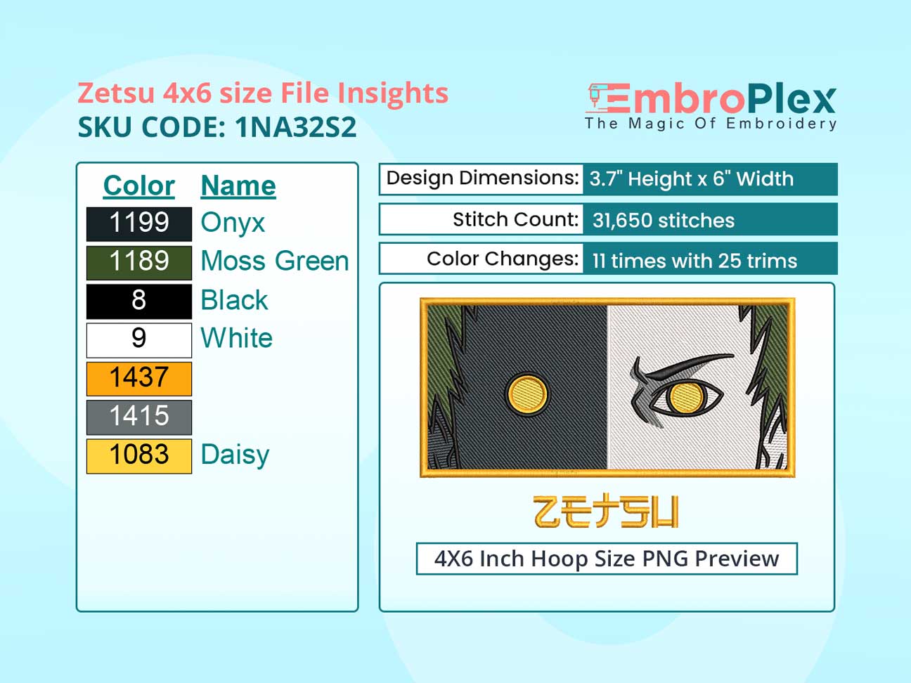 Anime-Inspired Zetsu Embroidery Design File - 4x6 Inch hoop Size Variation overview image