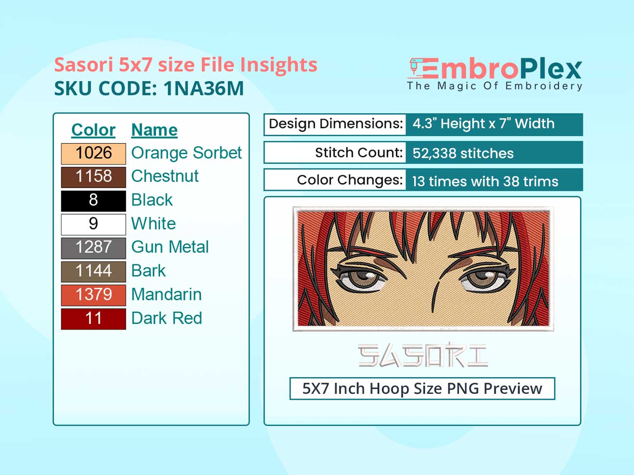 Anime-Inspired Sasori Embroidery Design File - 5x7 Inch hoop Size Variation overview image