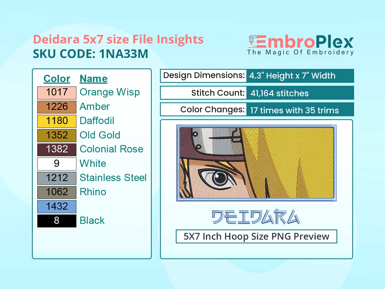 Anime-Inspired Deidara Embroidery Design File - 5x7 Inch hoop Size Variation overview image