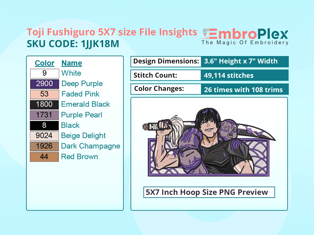 Anime-Inspired Toji Fushiguro Embroidery Design File - 5x7 Inch hoop Size Variation overview image