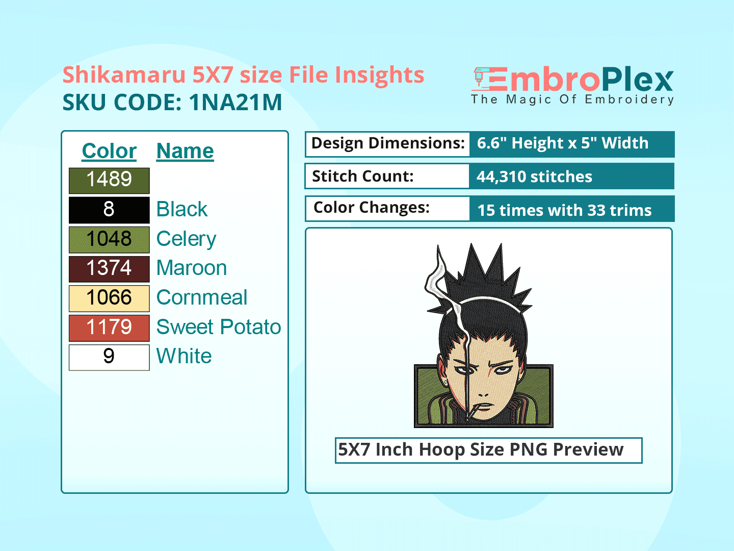 Anime-Inspired  Shikamaru Nara Embroidery Design File - 5x7 Inch hoop Size Variation overview image