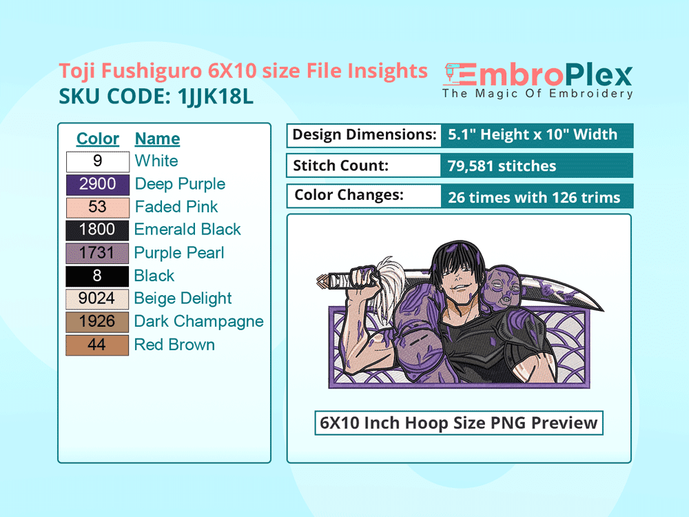 Anime-Inspired Toji Fushiguro Embroidery Design File - 6x10 Inch hoop Size Variation overview image