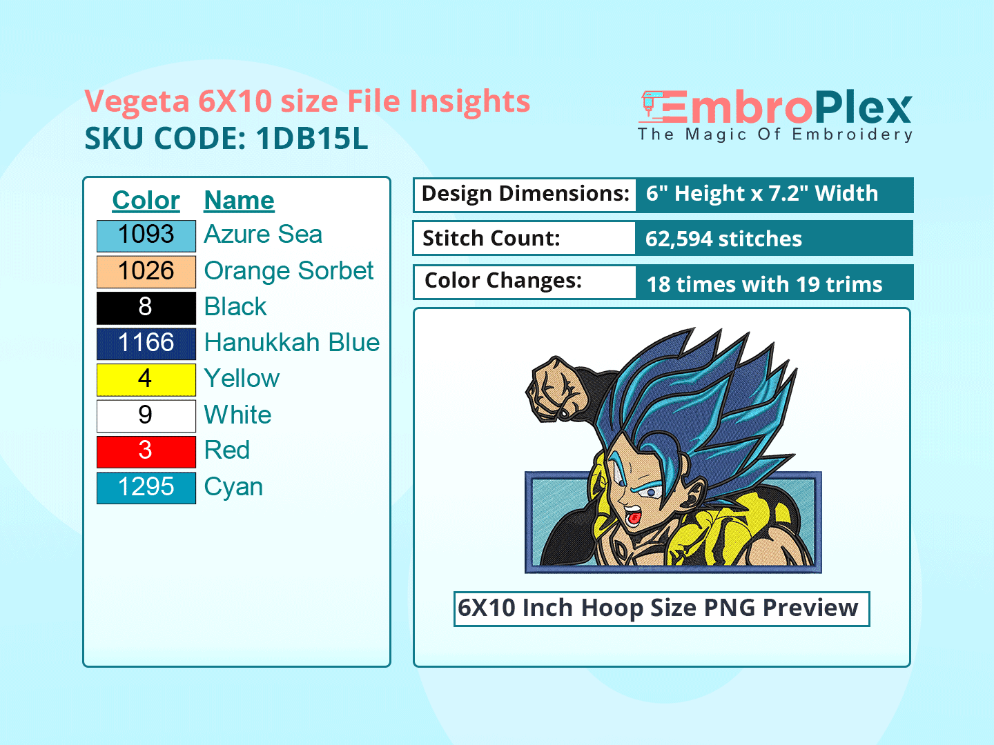  Anime-Inspired Vegeta Embroidery Design File - 6x10 Inch hoop Size Variation overview image