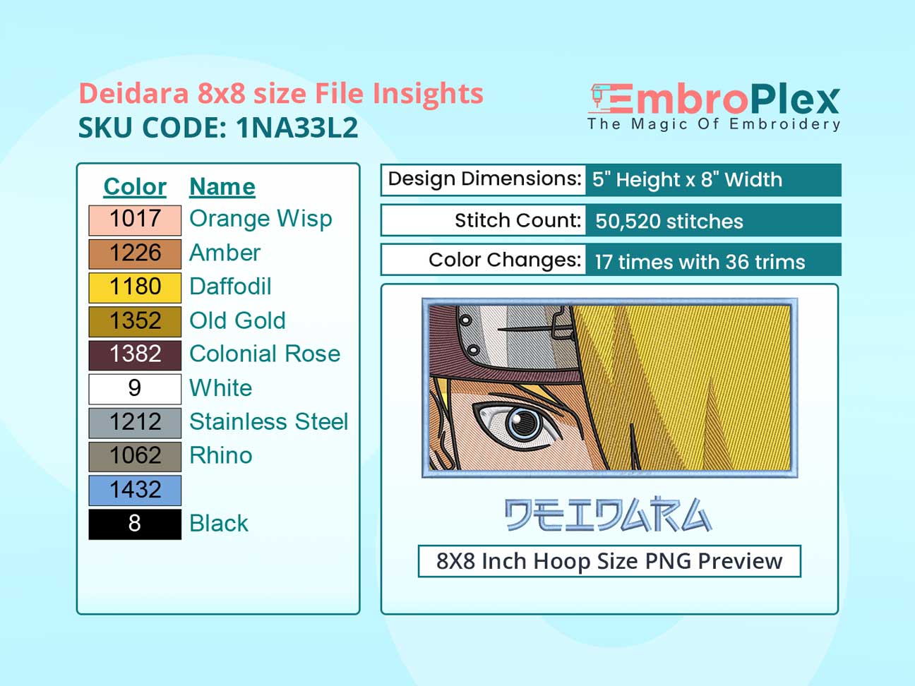 Anime-Inspired Deidara Embroidery Design File - 8x8 Inch hoop Size Variation overview image