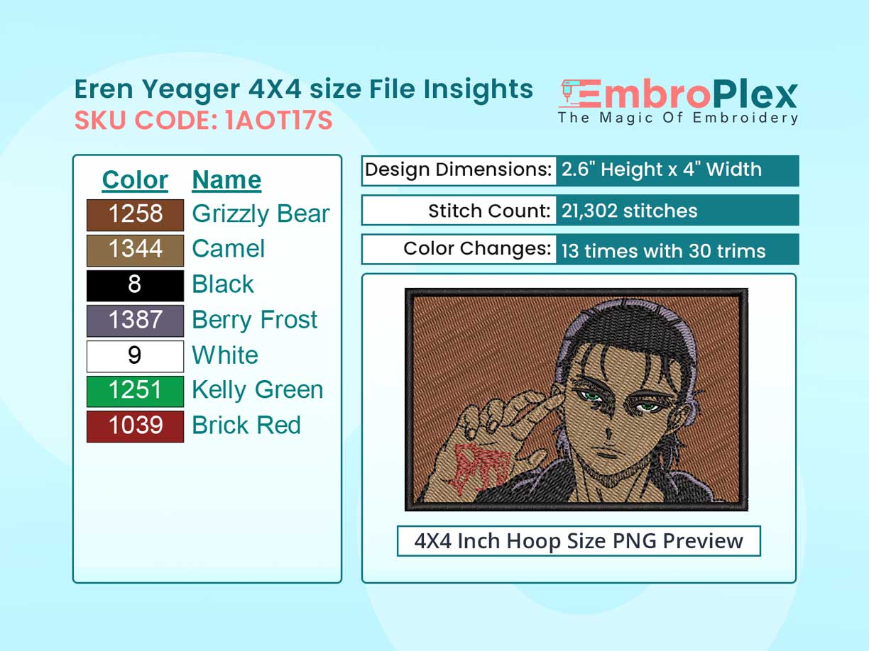 Anime-Inspired Eren Yeager Embroidery Design File - 4x4 Inch hoop Size Variation overview image
