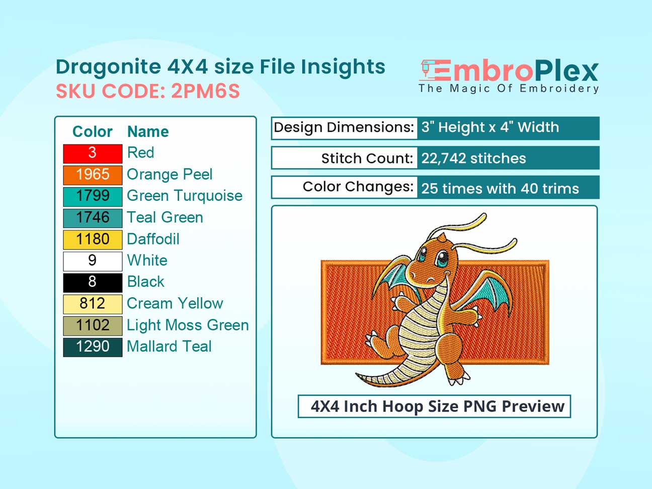Anime-Inspired Dragonite Embroidery Design File - 4x4 Inch hoop Size Variation overview image