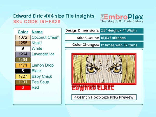 Anime-Inspired Edward Elric Embroidery Design File - 4x4 Inch hoop Size Variation overview image