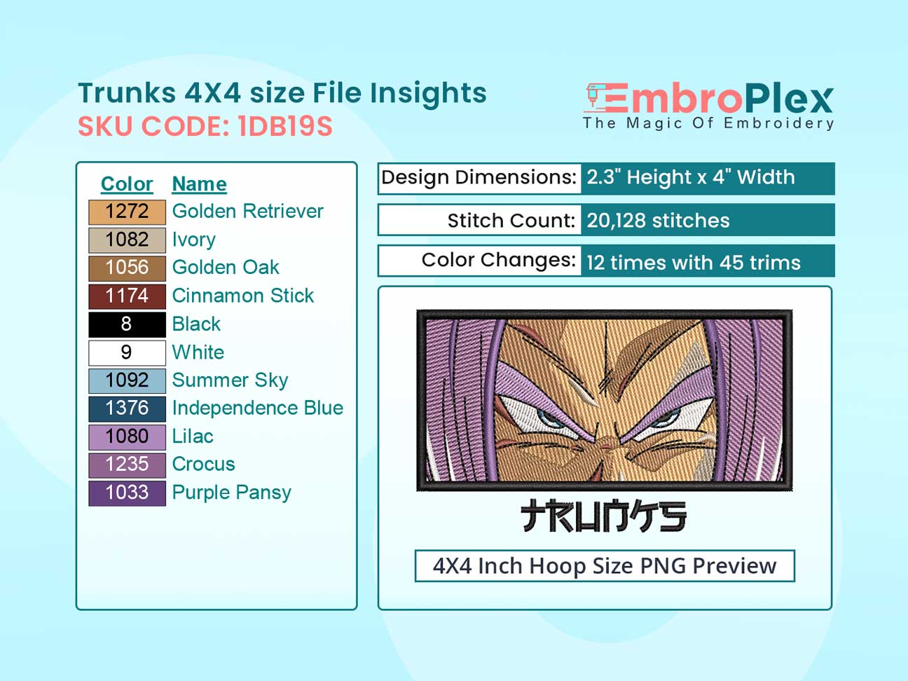 Anime-Inspired Trunks Embroidery Design File - 4x4 Inch hoop Size Variation overview image