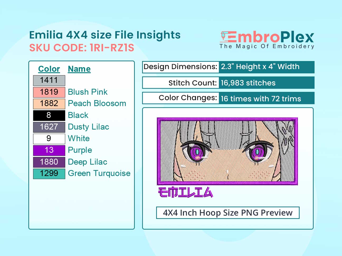 Anime-Inspired Emilia Embroidery Design File - 4x4 Inch hoop Size Variation overview image