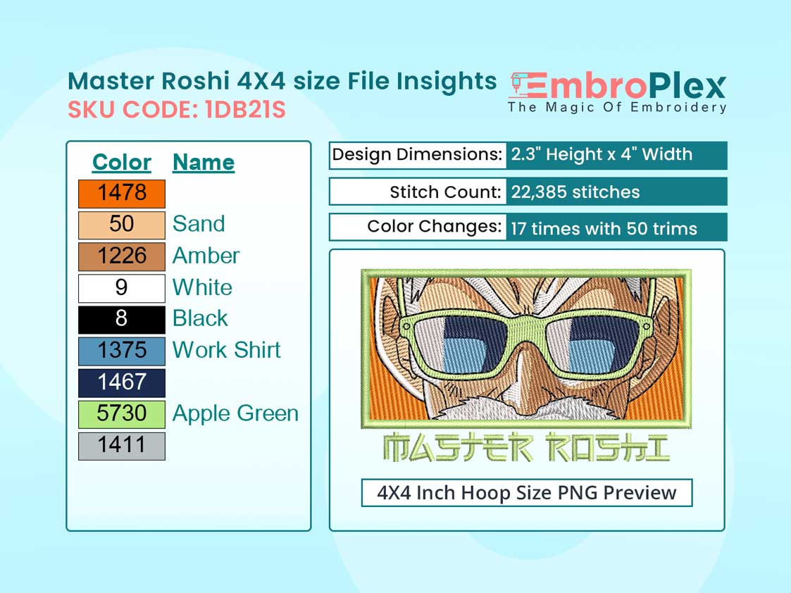 Anime-Inspired Master Roshi Embroidery Design File - 4x4 Inch hoop Size Variation overview image