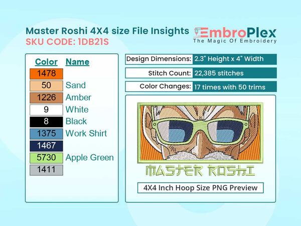 Anime-Inspired Master Roshi Embroidery Design File - 4x4 Inch hoop Size Variation overview image