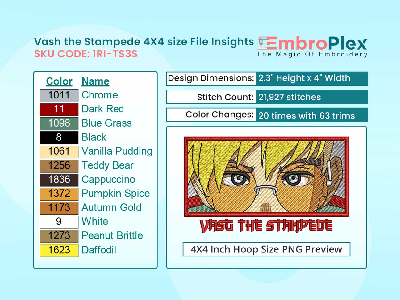 Anime-Inspired Vash the Stampede Embroidery Design File - 4x4 Inch hoop Size Variation overview image