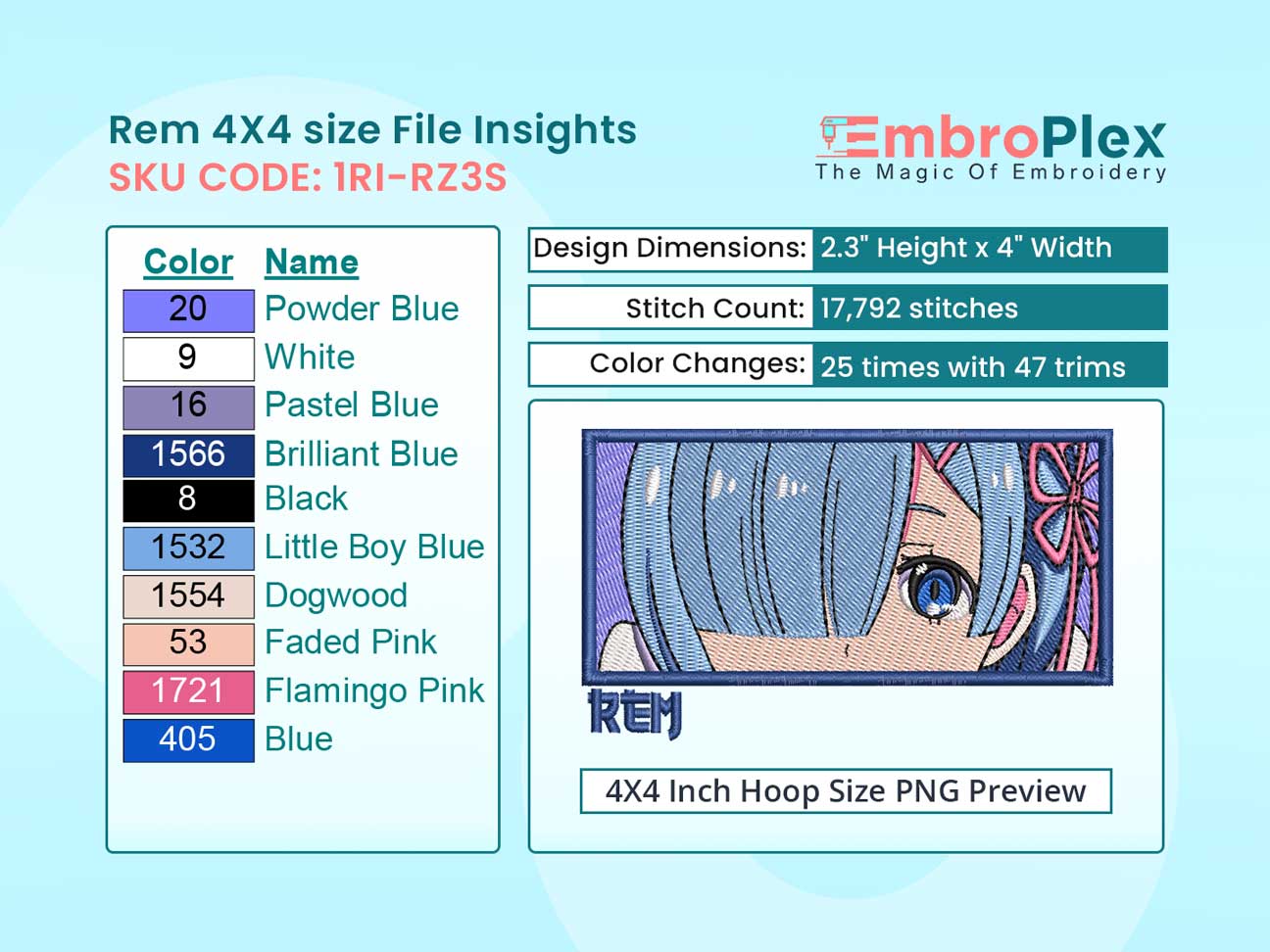 Anime-Inspired Rem Embroidery Design File - 4x4 Inch hoop Size Variation overview image