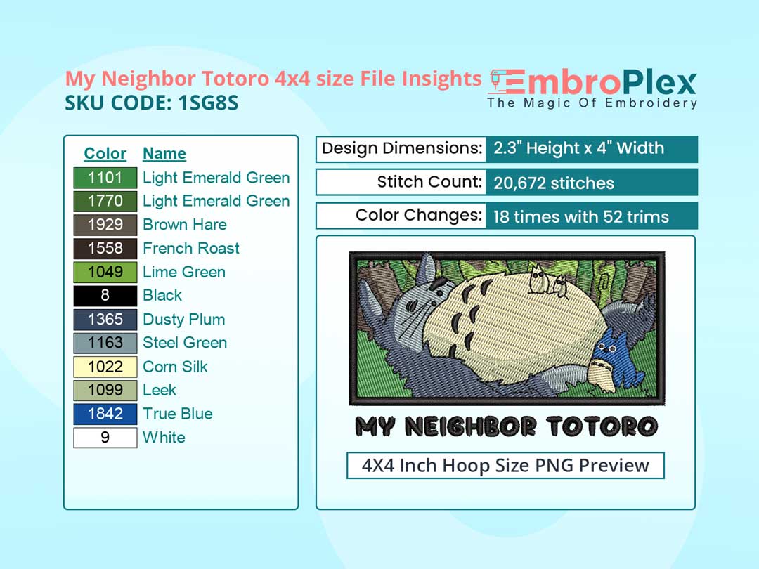 Anime-Inspired My Neighbor Totoro Embroidery Design File - 4x4 Inch hoop Size Variation overview image