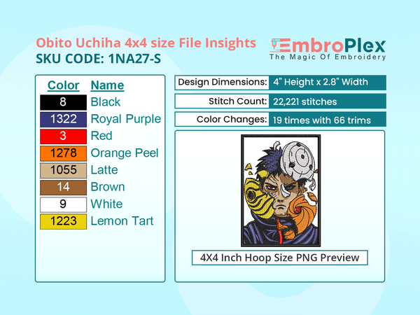 Anime-Inspired Obito Uchiha Embroidery Design File - 4x4 Inch hoop Size Variation overview image