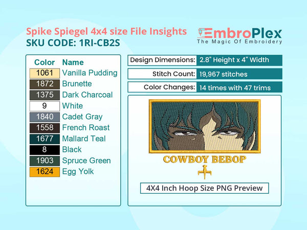 Anime-Inspired Spike Spiegel Embroidery Design File - 4x4 Inch hoop Size Variation overview image