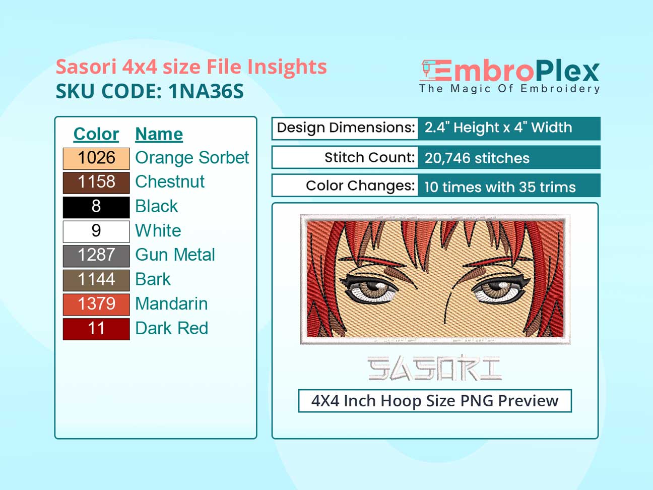 Anime-Inspired Sasori Embroidery Design File - 4x4 Inch hoop Size Variation overview image.