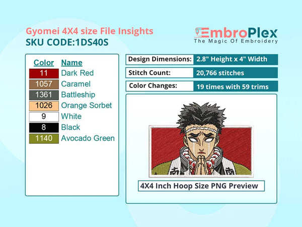 Anime-Inspired Gyomei Himejima Embroidery Design File - 4x4 Inch hoop Size Variation overview image