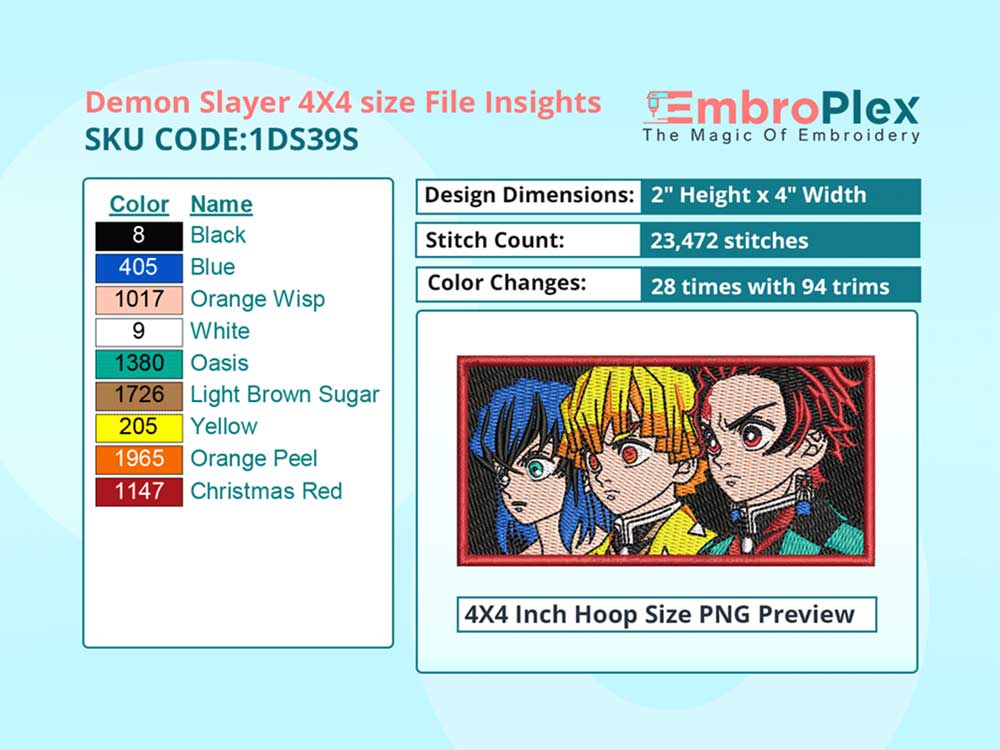 Anime-Inspired Demon Slayer Embroidery Design File - 4x4 Inch hoop Size Variation overview image