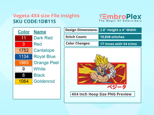 Anime-Inspired Vegeta Embroidery Design File - 4x4 Inch hoop Size Variation overview image