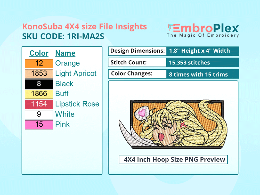  Anime-Inspired KonoSuba Embroidery Design File - 4x4 Inch hoop Size Variation overview image