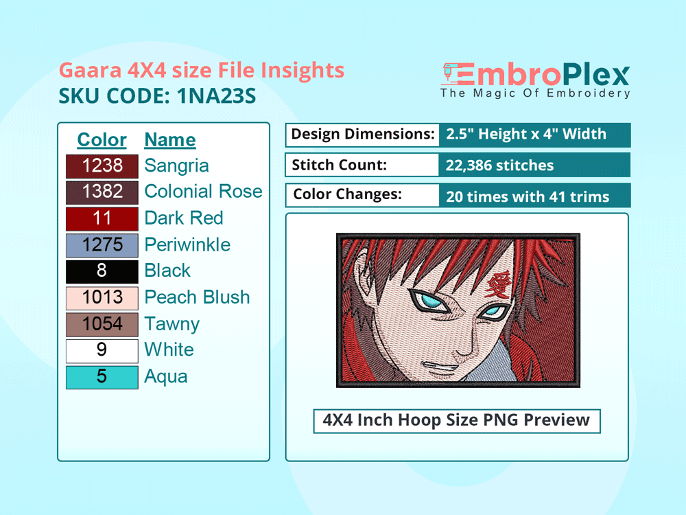 Anime-Inspired Gaara Embroidery Design File - 4x4 Inch hoop Size Variation overview image