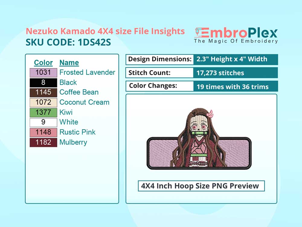Anime-Inspired Nezuko Kamado Embroidery Design File - 4x4 Inch hoop Size Variation overview image