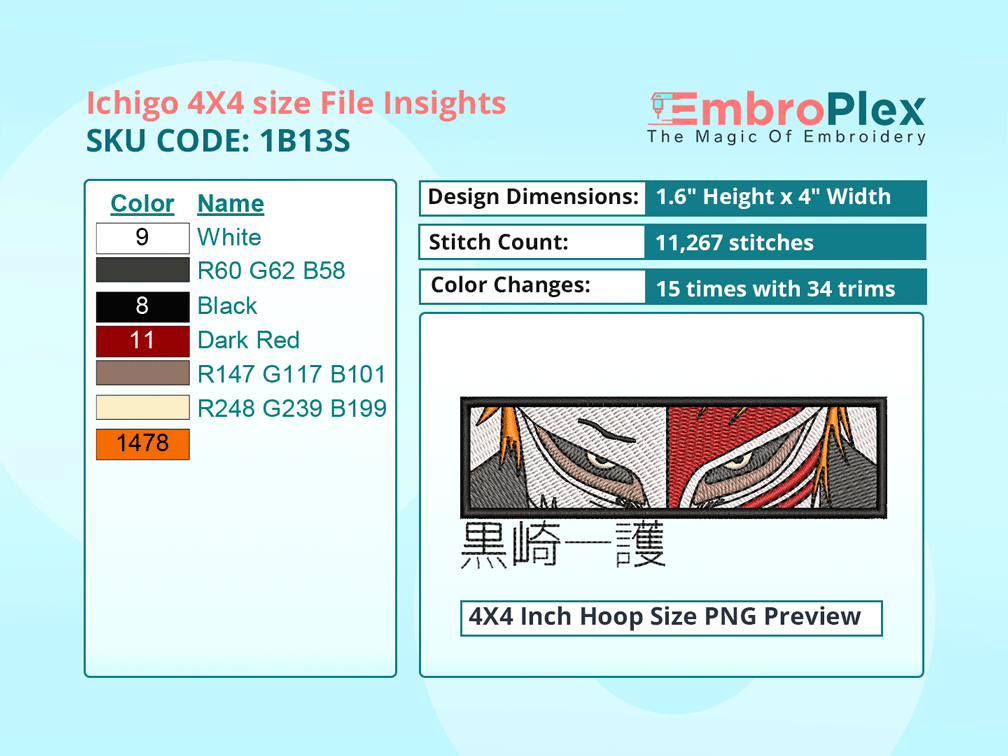 Anime-Inspired Ichigo Kurosaki Embroidery Design File - 4x4 Inch hoop Size Variation overview image