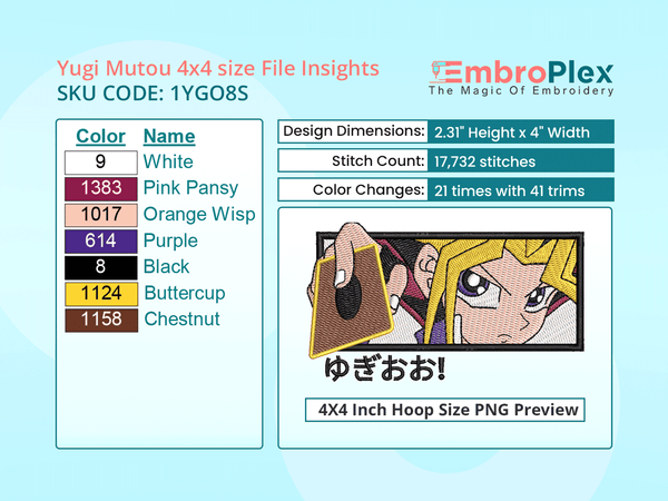 Anime-Inspired Yugi Mutou Embroidery Design File - 4x4 Inch hoop Size Variation overview image