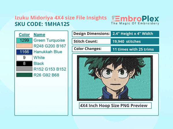 Anime-Inspired Izuku Midoriya Embroidery Design File - 4x4 Inch hoop Size Variation overview image