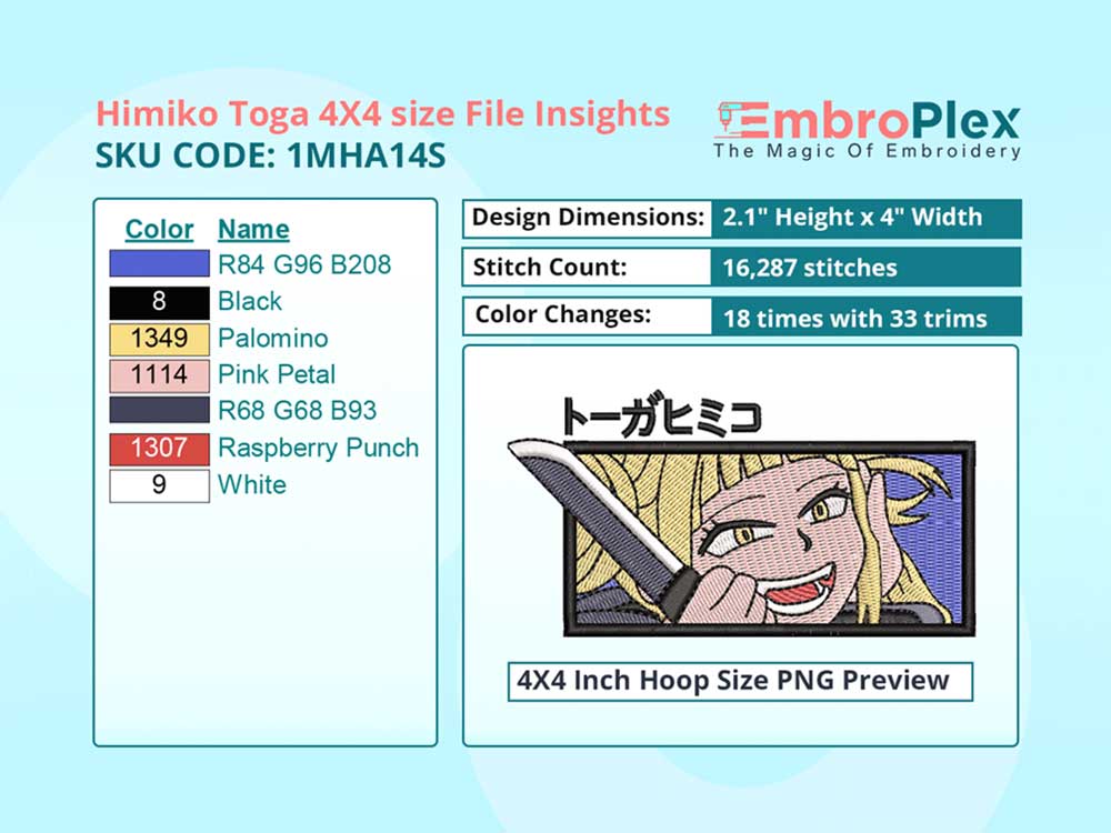 Anime-Inspired Himiko Toga Embroidery Design File - 4x4 Inch hoop Size Variation overview image