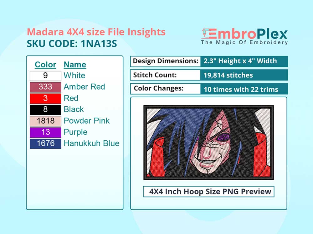  Anime-Inspired Madara Uchiha Embroidery Design File - 4x4 Inch hoop Size Variation overview image