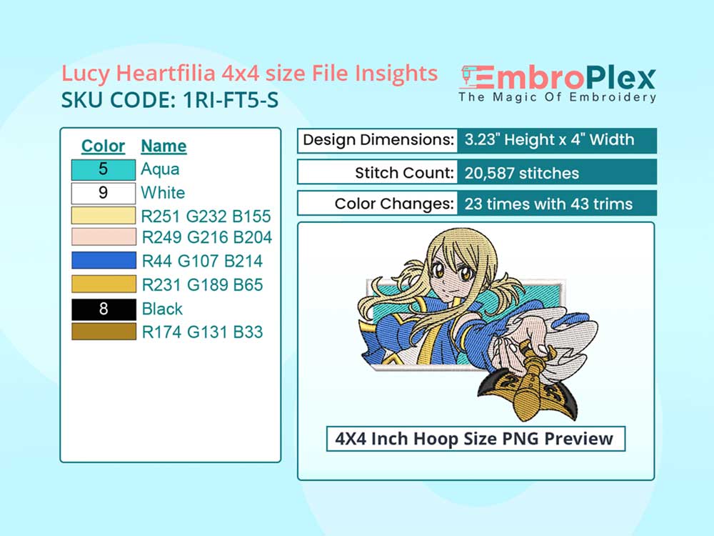 Anime-Inspired Lucy Heartfilia Embroidery Design File - 4x4 Inch hoop Size Variation overview image