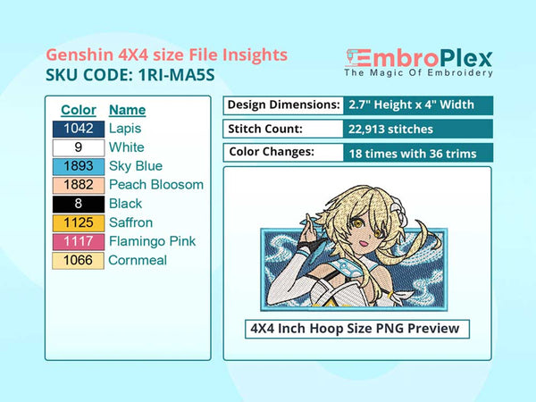Anime-Inspired Genshin Impact Embroidery Design File - 4x4 Inch hoop Size Variation overview image