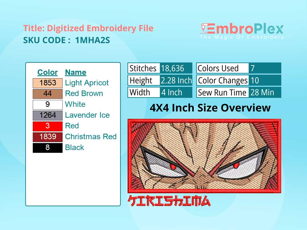 Anime-Inspired Eijiro Kirishima Embroidery Design File - 4x4 Inch hoop Size Variation overview image