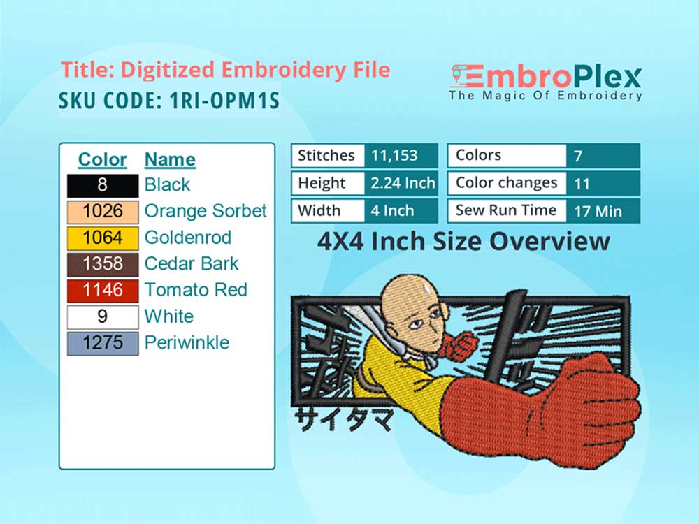 Anime-Inspired One Punch Man Embroidery Design File - 4x4 Inch hoop Size Variation overview image