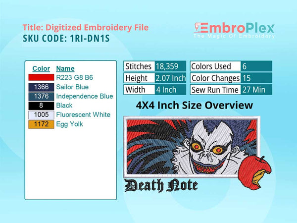 Anime-Inspired Death Note Embroidery Design File - 4x4 Inch hoop Size Variation overview image