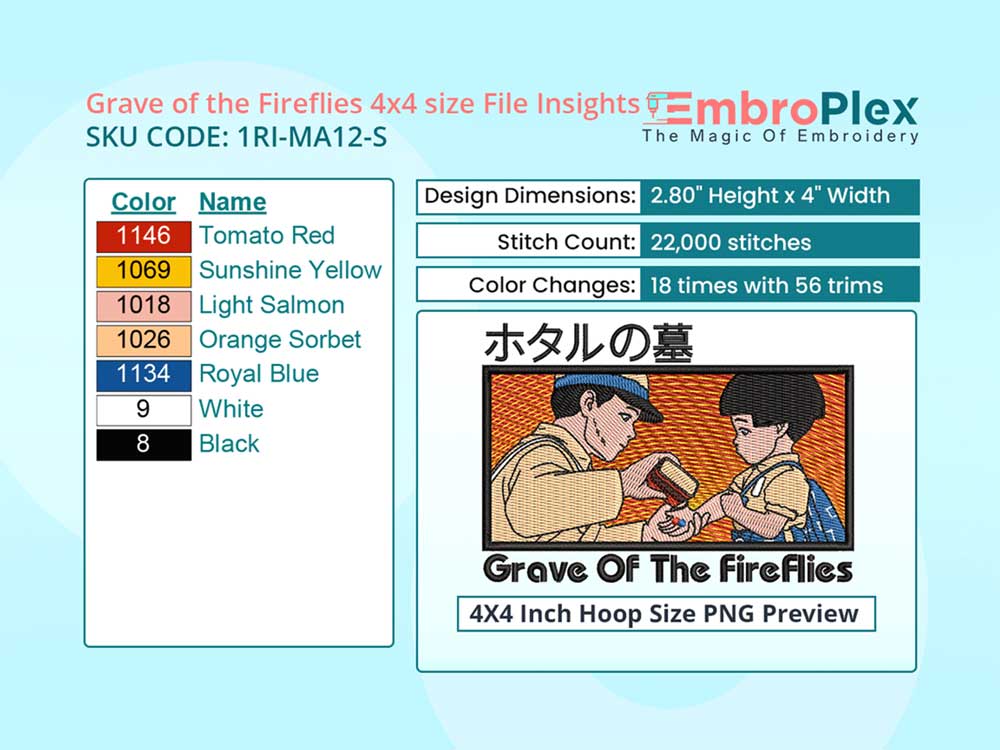 Anime-Inspired Grave of the Fireflies Embroidery Design File - 4x4 Inch hoop Size Variation overview image