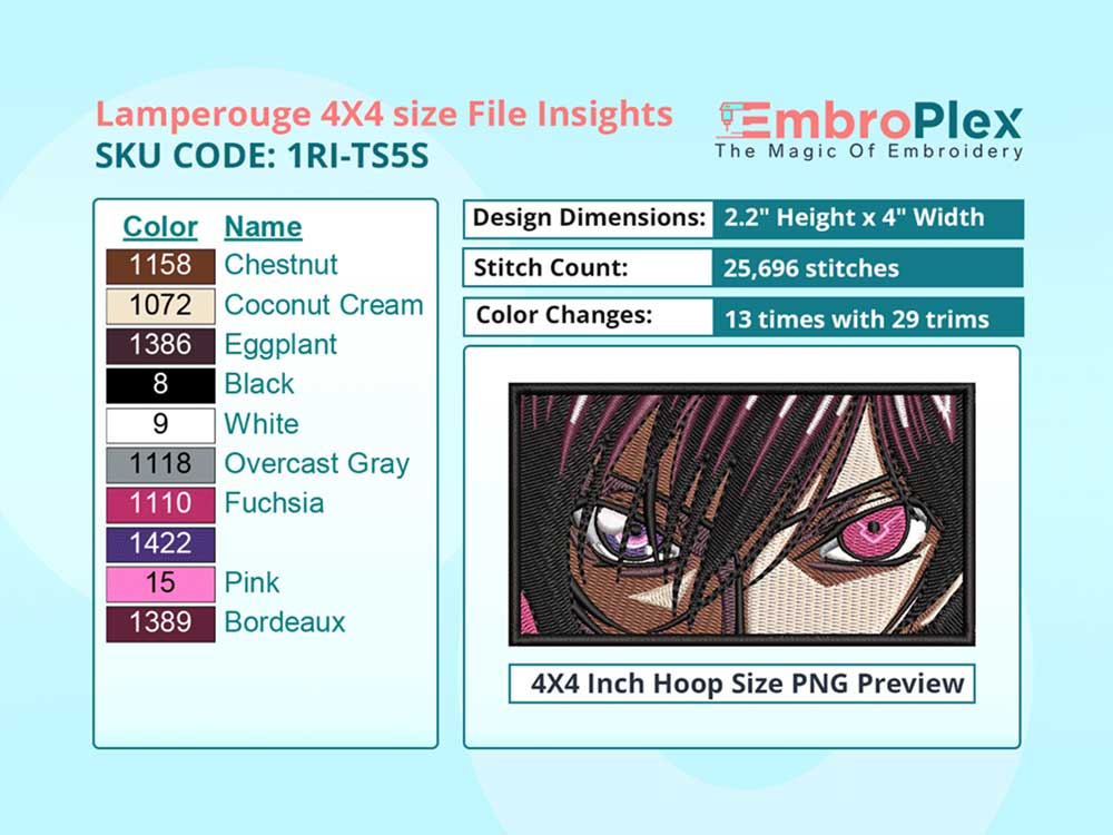 Anime-Inspired Lamperouge Embroidery Design File - 4x4 Inch hoop Size Variation overview image