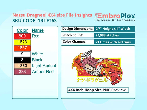 Anime-Inspired Natsu Dragneel Embroidery Design File - 4x4 Inch hoop Size Variation overview image
