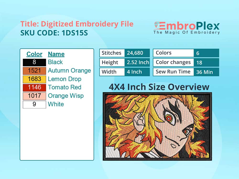 Anime-Inspired Rengoku Embroidery Design File - 4x4 Inch hoop Size Variation overview image