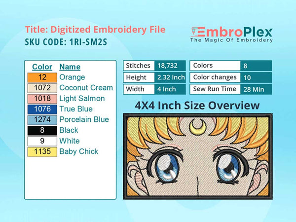 Anime-Inspired Sailor Moon Embroidery Design File - 4x4 Inch hoop Size Variation overview image