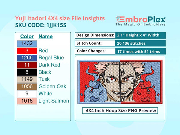 Anime-Inspired Yuji Itadori Embroidery Design File - 4x4 Inch hoop Size Variation overview image
