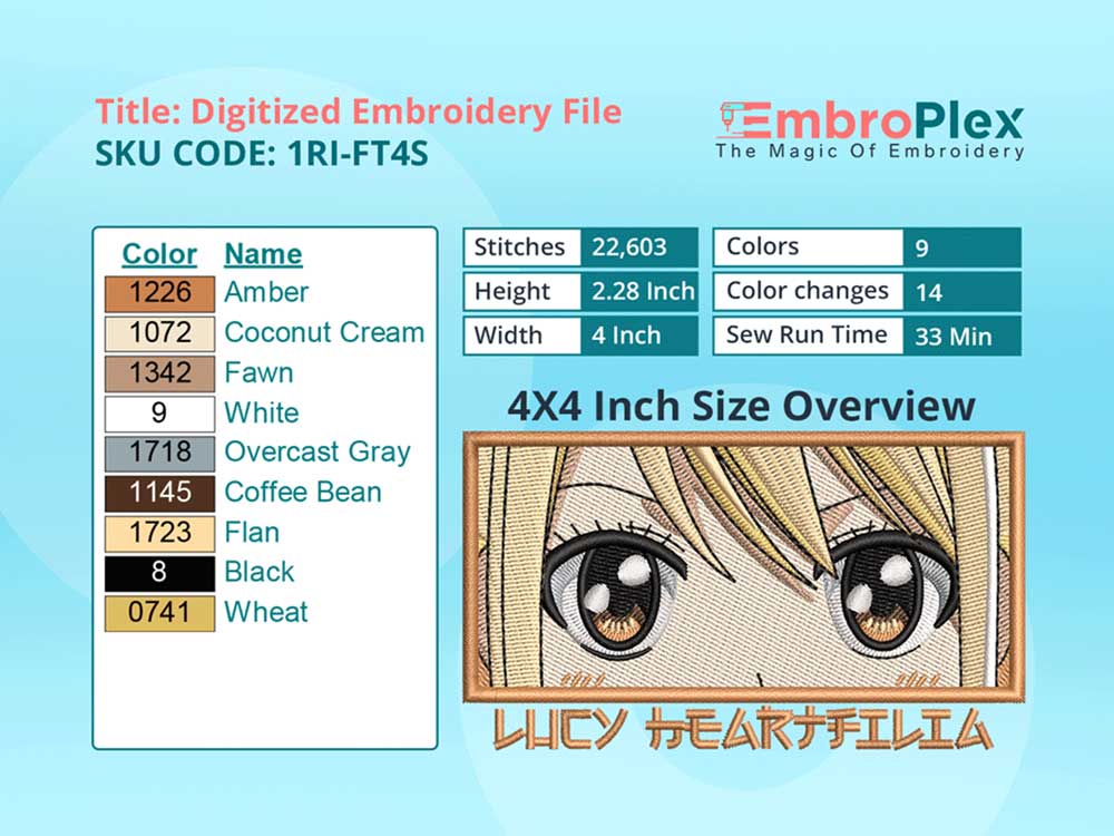  Anime-Inspired Lucy Heartfilia Embroidery Design File - 4x4 Inch hoop Size Variation overview image