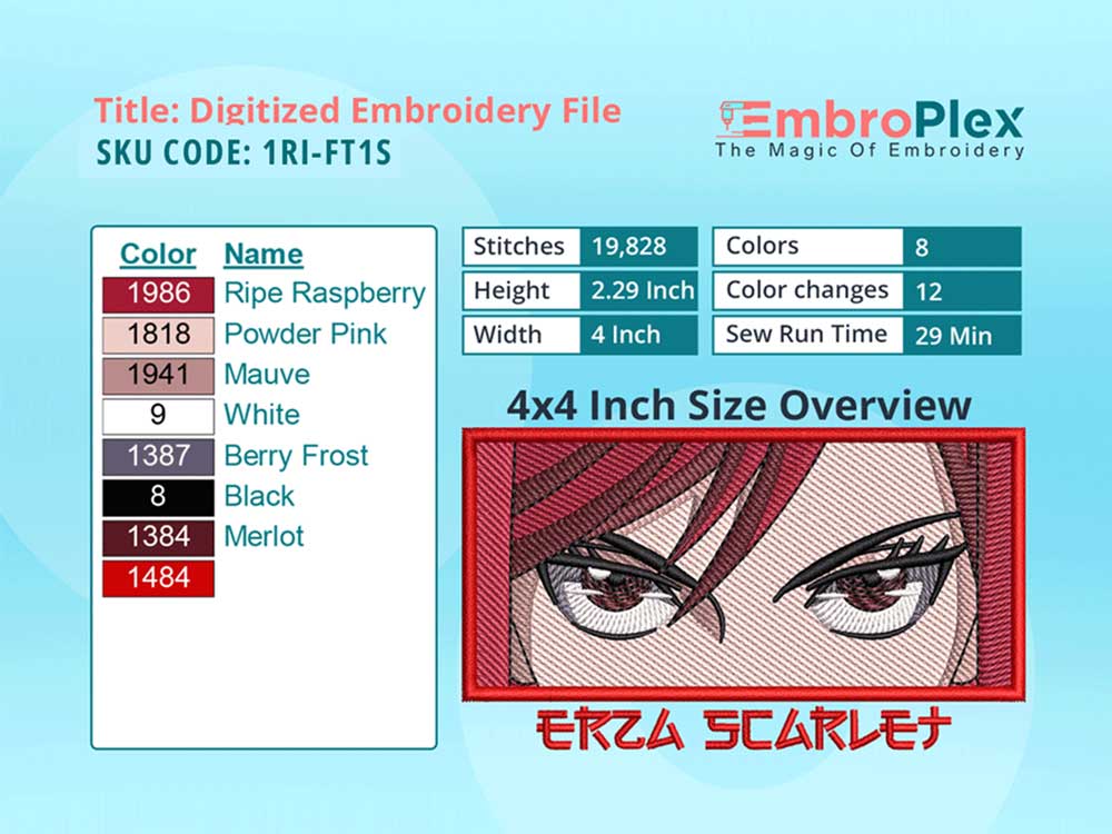Anime-Inspired Erza Scarlet Embroidery Design File - 4x4 Inch hoop Size Variation overview image