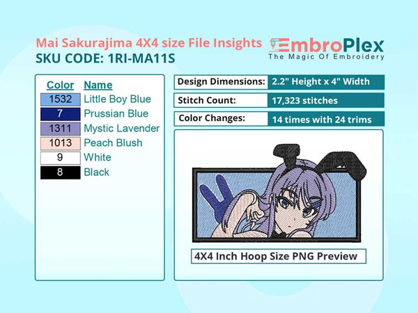 Anime-Inspired Mai Sakurajima Embroidery Design File - 4x4 Inch hoop Size Variation overview image