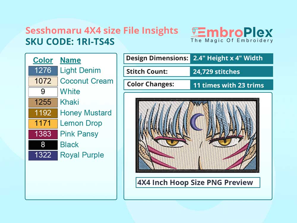 Anime-Inspired Sesshomaru Embroidery Design File - 4x4 Inch hoop Size Variation overview image