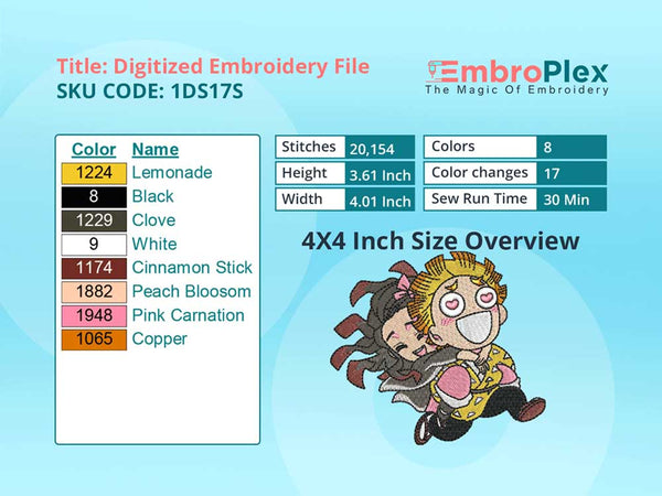 Anime-Inspired Zenitsu & Nezuko Embroidery Design File - 4x4 Inch hoop Size Variation overview image