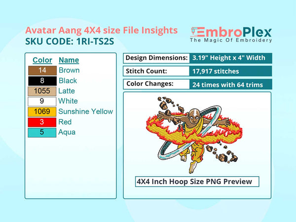 Anime-Inspired Avatar Aang Embroidery Design File - 4x4 Inch hoop Size Variation overview image